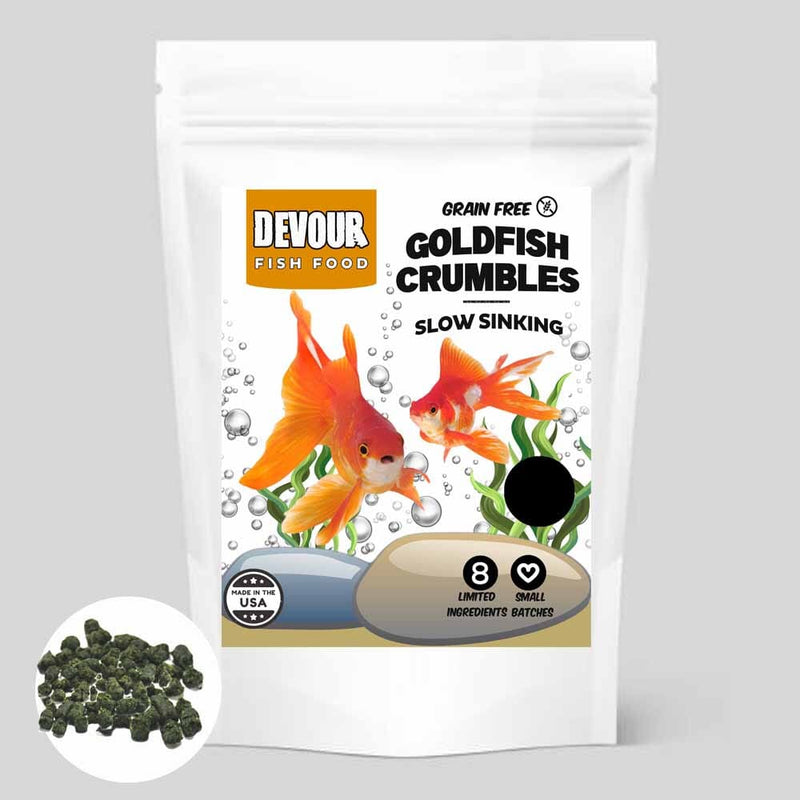 YFS Devour Goldfish Crumbles grain-free aquarium fish food with spirulina and green peas for goldfish