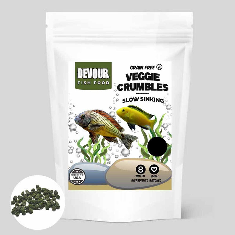YFS Devour Veggie Crumbles grain-free aquarium fish food with spirulina, kelp, and green peas for plant-eating fish